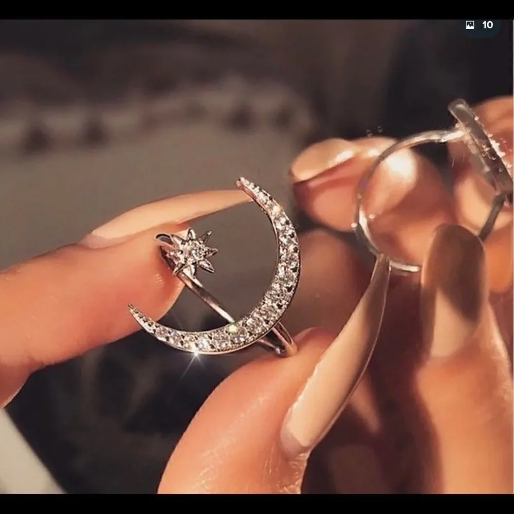 Crescent Moon & Star CZ Diamond Ring